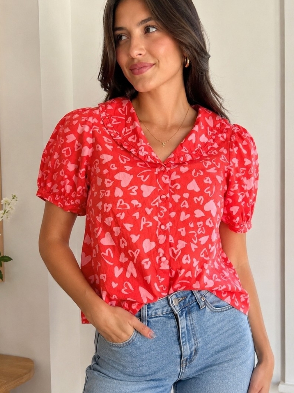 Nobody's Child Heart Print Puff Sleeve Blouse Organic Cotton Size 2 Red Pink